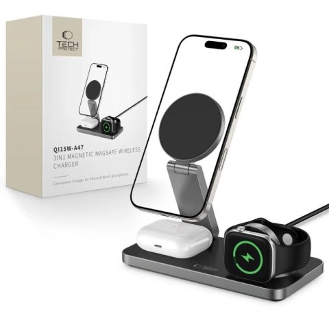 Ładowarka indukcyjna Tech-Protect QI15W-A47 MagSafe 3w1 + kabel USB-C - czarna Tech-Protect