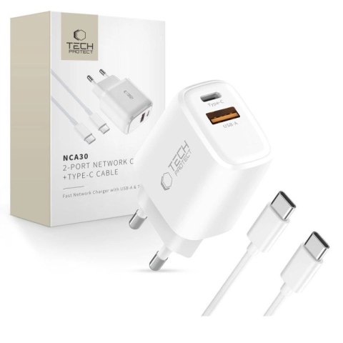 Ładowarka sieciowa Tech-Protect NCA30 PD 30W QC3.0 USB-A / USB-C + Kabel USB-C / USB-C 100cm - biała Tech-Protect