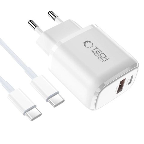 Ładowarka sieciowa Tech-Protect NCA30 PD 30W QC3.0 USB-A / USB-C + Kabel USB-C / USB-C 100cm - biała Tech-Protect