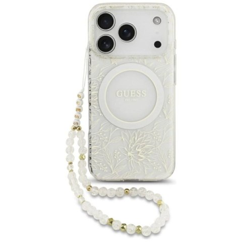 Etui Guess IML Flowers Electro Pearl Strap MagSafe na iPhone 17 Pro - białe Guess