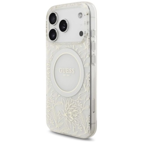 Etui Guess IML Flowers Electro Pearl Strap MagSafe na iPhone 17 Pro - białe Guess