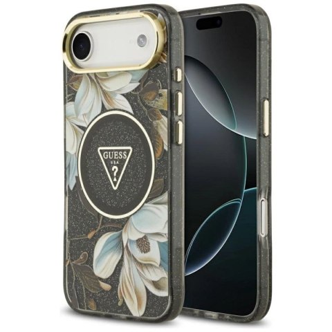 Etui Guess IML Glitter Flowers Triangle MagSafe do iPhone Air - czarne Guess