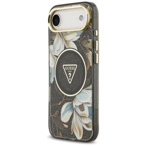 Etui Guess IML Glitter Flowers Triangle MagSafe do iPhone Air - czarne Guess