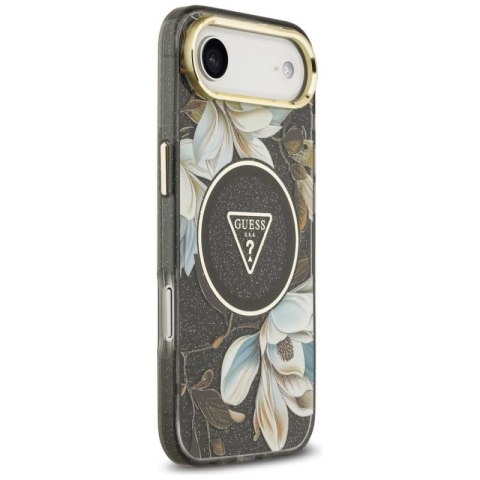 Etui Guess IML Glitter Flowers Triangle MagSafe do iPhone Air - czarne Guess