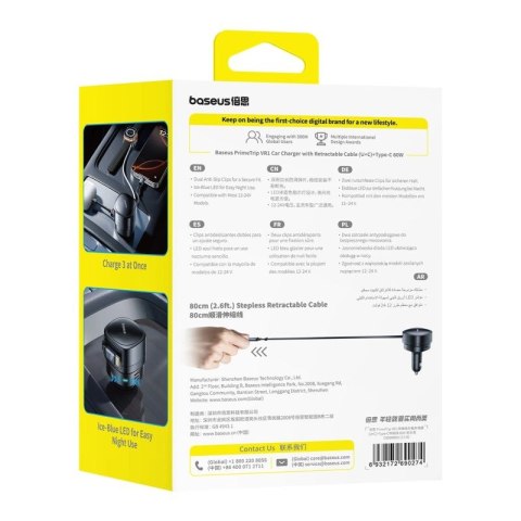 Ładowarka samochodowa Baseus PrimeTrip VR1 60W USB-A USB-C ze zwijanym kablem USB-C - czarna Baseus