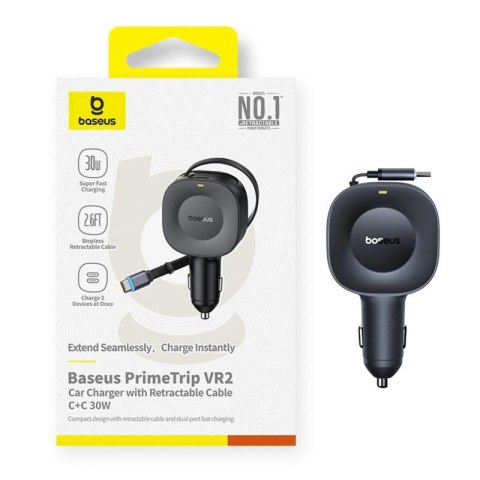 Ładowarka samochodowa Baseus PrimeTrip VR2 30W ze zwijanym kablem USB-C - czarna Baseus