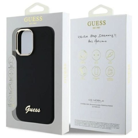 Etui Guess Silicone Script Metal Logo & Frame na iPhone 16 Plus - czarne Guess