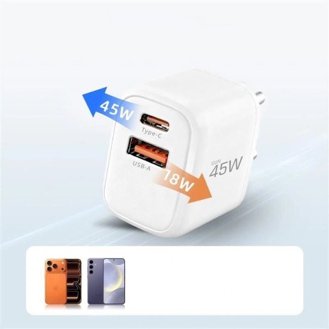 Ładowarka sieciowa Tech-Protect NCA45W-GAN 2-Porty USB-C / USB-A 45W - biała Tech-Protect