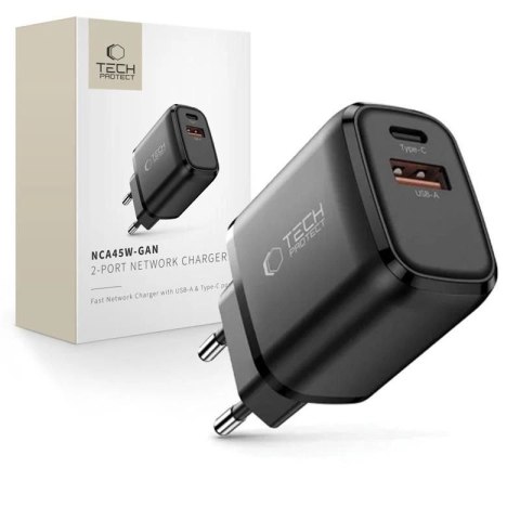 Ładowarka sieciowa Tech-Protect NCA45W-GAN 2-Porty USB-C / USB-A 45W - czarna Tech-Protect