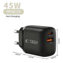 Ładowarka sieciowa Tech-Protect NCA45W-GAN 2-Porty USB-C / USB-A 45W - czarna Tech-Protect