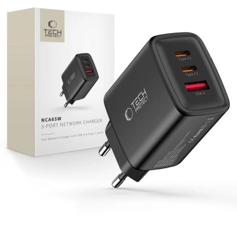 Ładowarka sieciowa Tech-Protect NCA65W-GAN 3-Porty 65W - czarna Tech-Protect