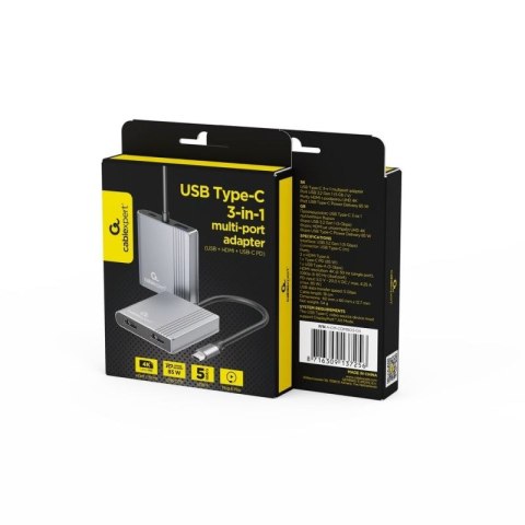 GEMBIRD MULTI ADAPTER USB TYPE-C 3 W 1 (PORT USB + HDMI + PD), KOLOR SZARY Gembird