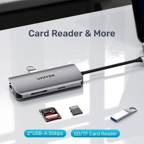 UNITEK AKTYWNY HUB USB-C 2X HDMI, CZYTNIK SD, 4K, RJ-45, PD 100W, 5 GBPS Unitek