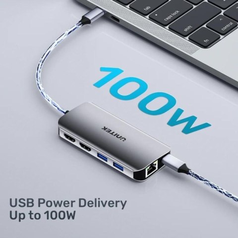 UNITEK AKTYWNY HUB USB-C 2X HDMI, CZYTNIK SD, 4K, RJ-45, PD 100W, 5 GBPS Unitek