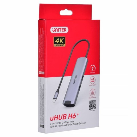 UNITEK AKTYWNY HUB USB-C 5GBPS, HDMI RJ-45 PD 100W Unitek