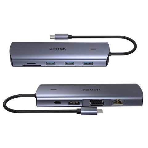 UNITEK HUB USB-C 9W1, HDMI, VGA, SD, RJ45, 3X USB-A, PD 100W Unitek