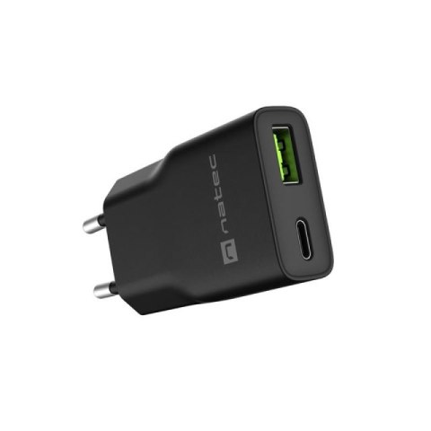 NATEC ŁADOWARKA SIECIOWA RIBERA GAN SLIM 1X USB-A + 1X USB-C 20W CZARNA NATEC