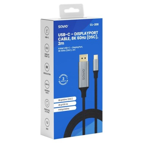 SAVIO KABEL USB-C - DISPLAYPORT 8K 2M 60HZ (DSC) CL-208 Savio