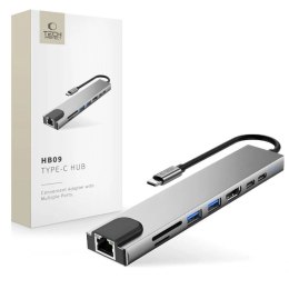 Hub USB Tech-Protect HB09 8w1 TYPE-C + USB-A 3.0 + USB-C 3.0 + HDMI 4K 60HZ + SD/TF + PD100W + RJ45 1000 MB/S - szary Tech-Protect