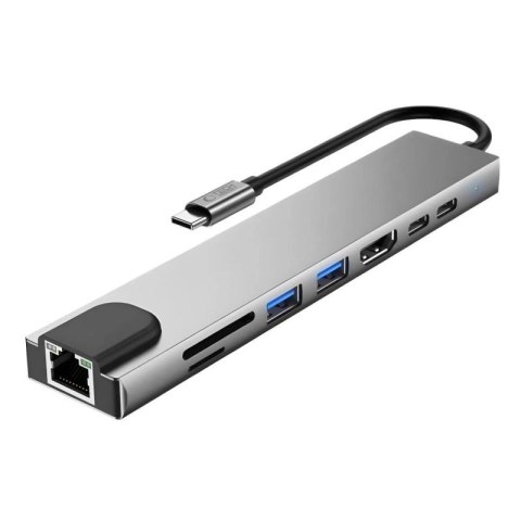 Hub USB Tech-Protect HB09 8w1 TYPE-C + USB-A 3.0 + USB-C 3.0 + HDMI 4K 60HZ + SD/TF + PD100W + RJ45 1000 MB/S - szary Tech-Protect