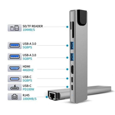 Hub USB Tech-Protect HB09 8w1 TYPE-C + USB-A 3.0 + USB-C 3.0 + HDMI 4K 60HZ + SD/TF + PD100W + RJ45 1000 MB/S - szary Tech-Protect