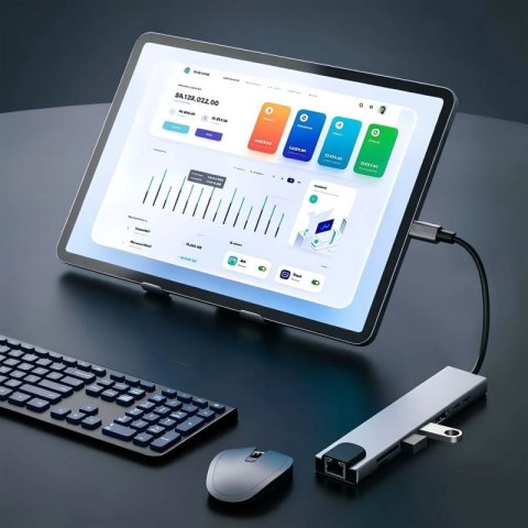 Hub USB Tech-Protect HB09 8w1 TYPE-C + USB-A 3.0 + USB-C 3.0 + HDMI 4K 60HZ + SD/TF + PD100W + RJ45 1000 MB/S - szary Tech-Protect