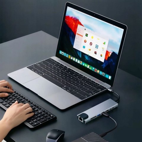 Hub USB Tech-Protect HB09 8w1 TYPE-C + USB-A 3.0 + USB-C 3.0 + HDMI 4K 60HZ + SD/TF + PD100W + RJ45 1000 MB/S - szary Tech-Protect