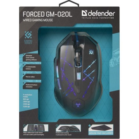DEFENDER MYSZ PRZEWODOWA FORCED GM-020L 800/1800/2400/3200 DPI 6P + PODKŁADKA + GRA 52020 DEFENDER