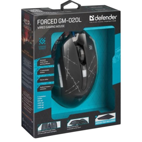 DEFENDER MYSZ PRZEWODOWA FORCED GM-020L 800/1800/2400/3200 DPI 6P + PODKŁADKA + GRA 52020 DEFENDER