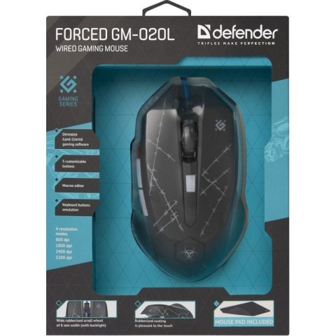 DEFENDER MYSZ PRZEWODOWA FORCED GM-020L 800/1800/2400/3200 DPI 6P + PODKŁADKA + GRA 52020 DEFENDER