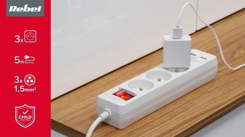 Przedłużacz sieciowy Rebel 3 gniazda + 2 gniazda USB z wyłacznikiem - 5m Rebel