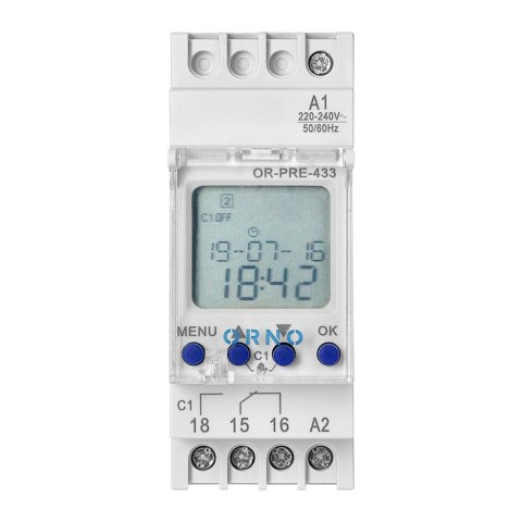 Elektroniczny programator czasowy, 52 programy, 3 języki menu, 2 moduły, DIN TH-35mm Orno