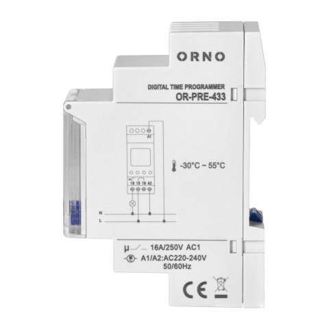 Elektroniczny programator czasowy, 52 programy, 3 języki menu, 2 moduły, DIN TH-35mm Orno