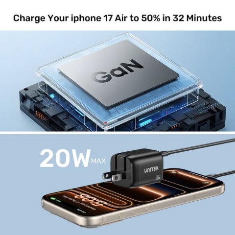 UNITEK ŁADOWARKA SIECIOWA 2X GAN USB-C & USB-A 20W CZARNA Unitek