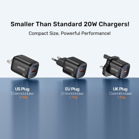 UNITEK ŁADOWARKA SIECIOWA 2X GAN USB-C & USB-A 20W CZARNA Unitek