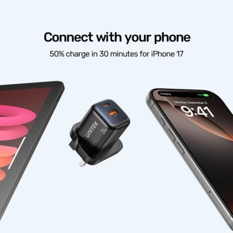 UNITEK ŁADOWARKA SIECIOWA 2X GAN USB-C & USB-A 20W CZARNA Unitek