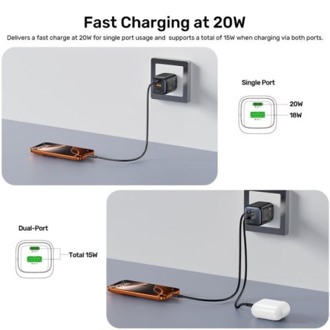UNITEK ŁADOWARKA SIECIOWA 2X GAN USB-C & USB-A 20W CZARNA Unitek