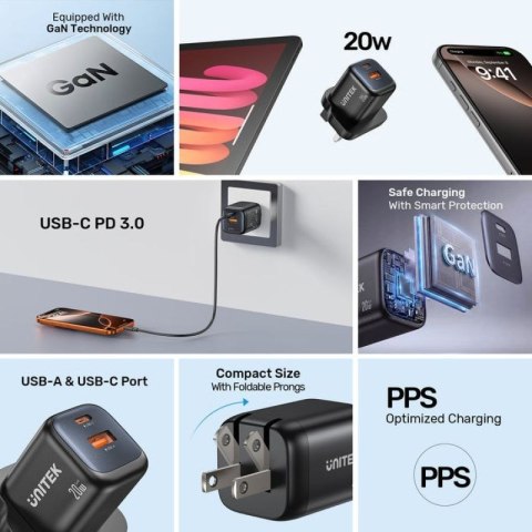 UNITEK ŁADOWARKA SIECIOWA 2X GAN USB-C & USB-A 20W CZARNA Unitek