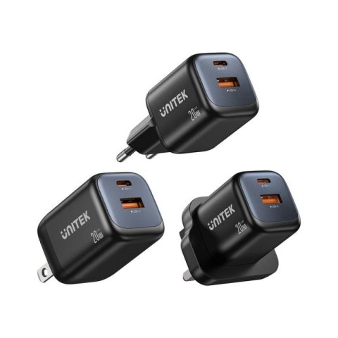 UNITEK ŁADOWARKA SIECIOWA 2X GAN USB-C & USB-A 20W CZARNA Unitek
