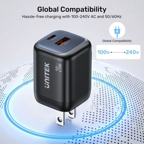 UNITEK ŁADOWARKA SIECIOWA 2X GAN USB-C & USB-A 20W CZARNA Unitek