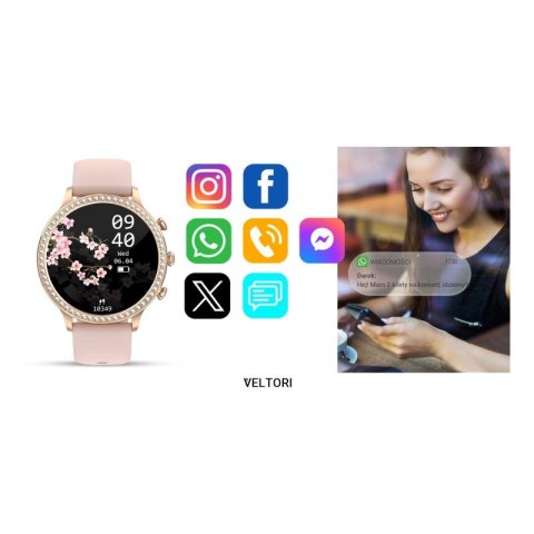 Smartwatch Damski VELTORI VT310-1 Złota Bransoleta + Różowy Pasek Silikonowy VELTORI